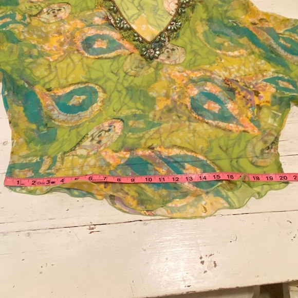 LUXURY RESORT WEAR BEADED V NECK CHIFFON PRINT BATWING TUNIC TOP SIZE M/L - Picture 6 of 8